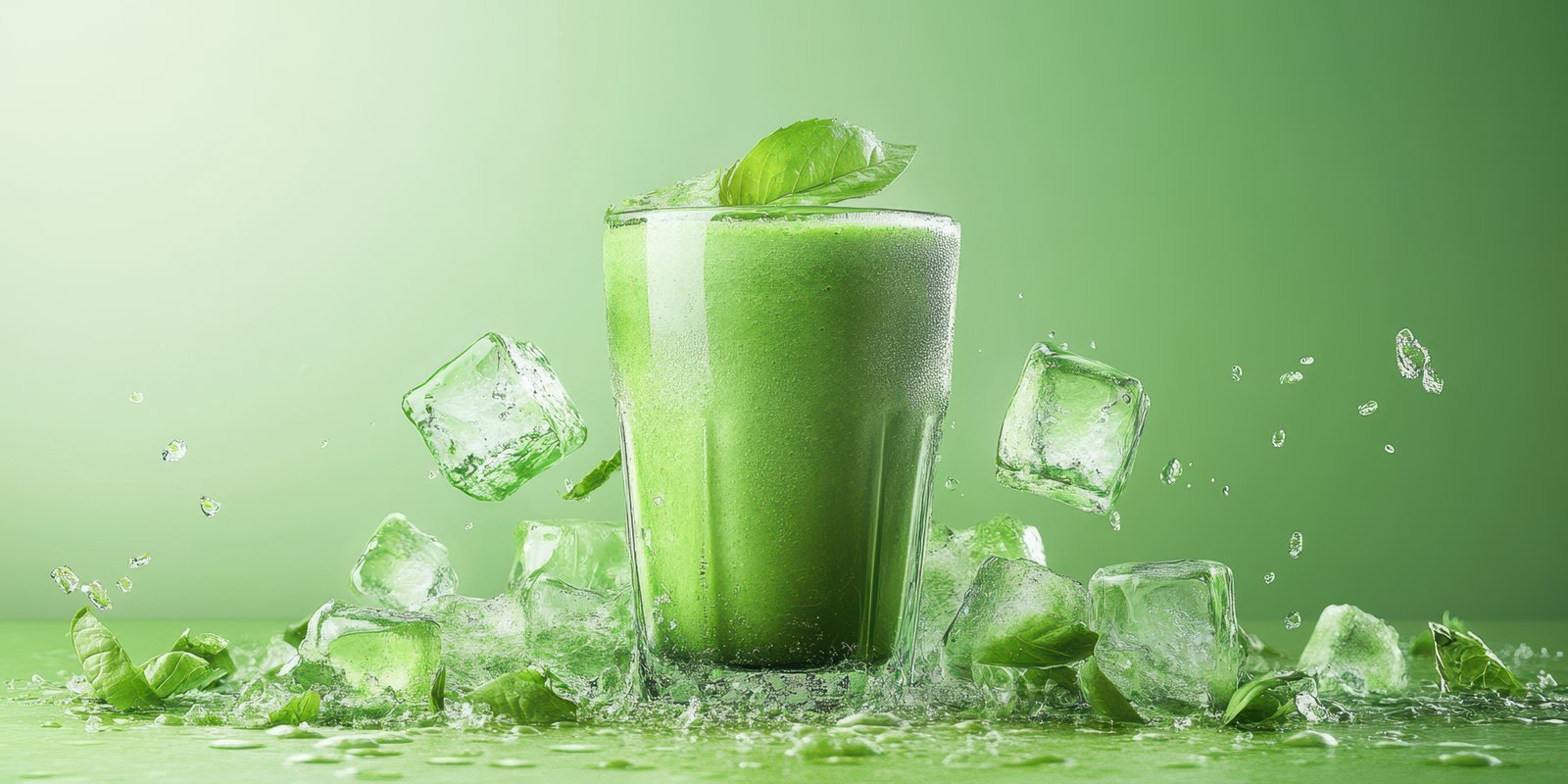 Fresh green smoothie with ice cubes and water splashes on a vibrant green background at a summer gathering